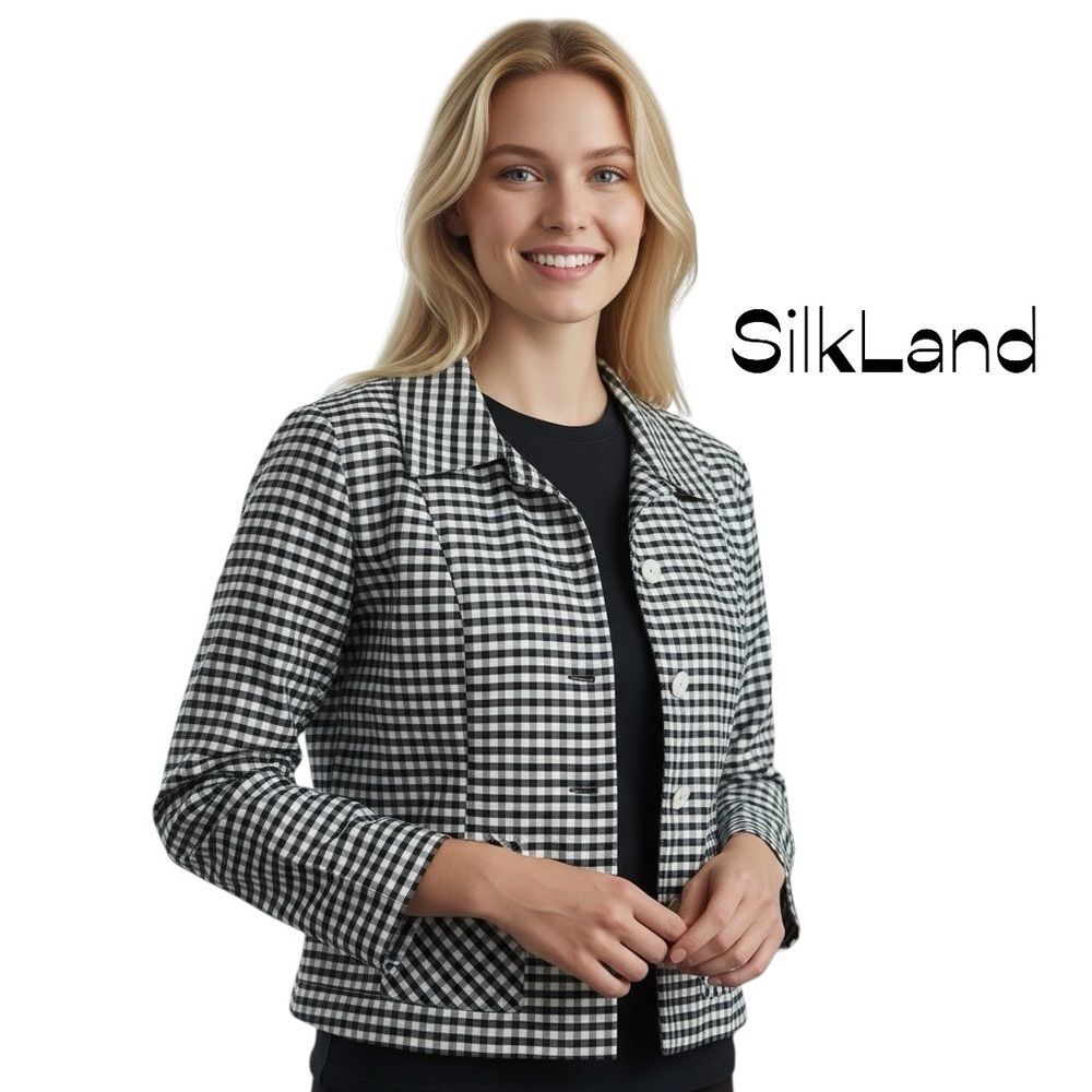 SilkLand Black White Plaid Silk Jacket Size 4 EuroGirl Academia